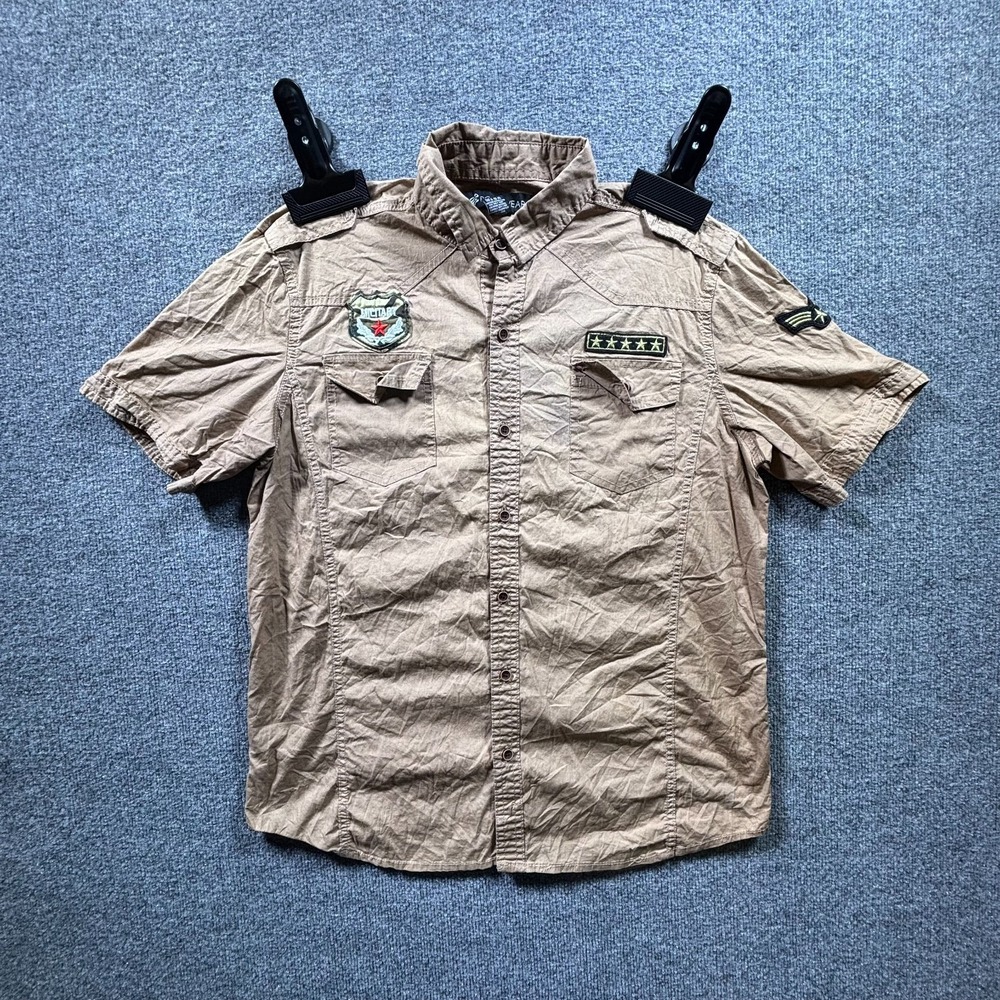Rocawear Military Safari Field Shirt Mens Medium Brown Button Front Short Sleeve